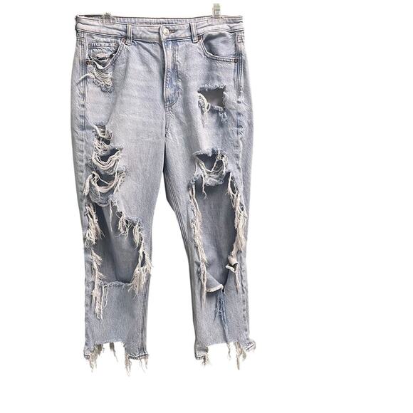 American Eagle Womens 12 Short Destroyed Distressed Jeans Light Wash Stretch - Picture 1 of 6